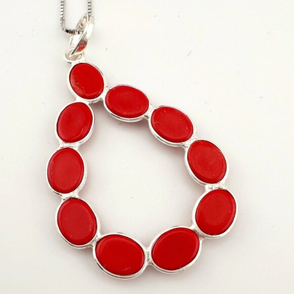 Modern 8.5 ct Red Coral Bold Teardrop Pendant - 24" Sterling Silver Chain - Picture 1 of 7